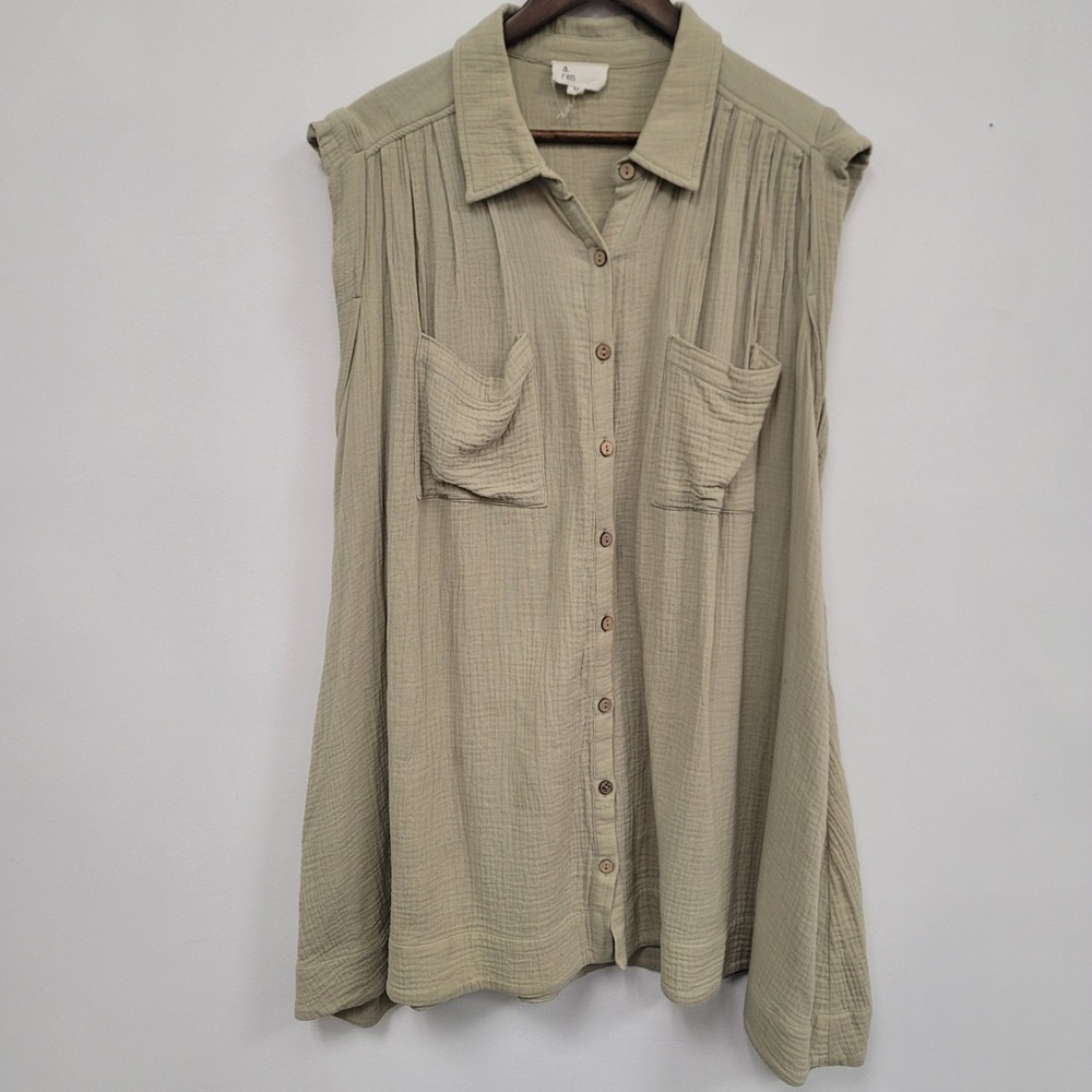 A Ren Womens‎ Fairy Grunge Oversized Lagenlook Gauzy Button Up Top Size M Beige